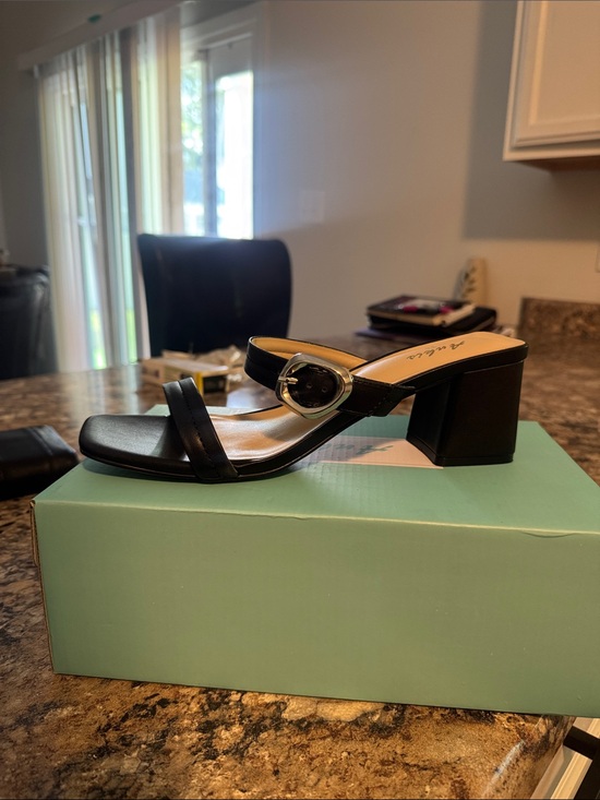 Shoes - Black Block Heel Slide Sandals with Buckle Accent
